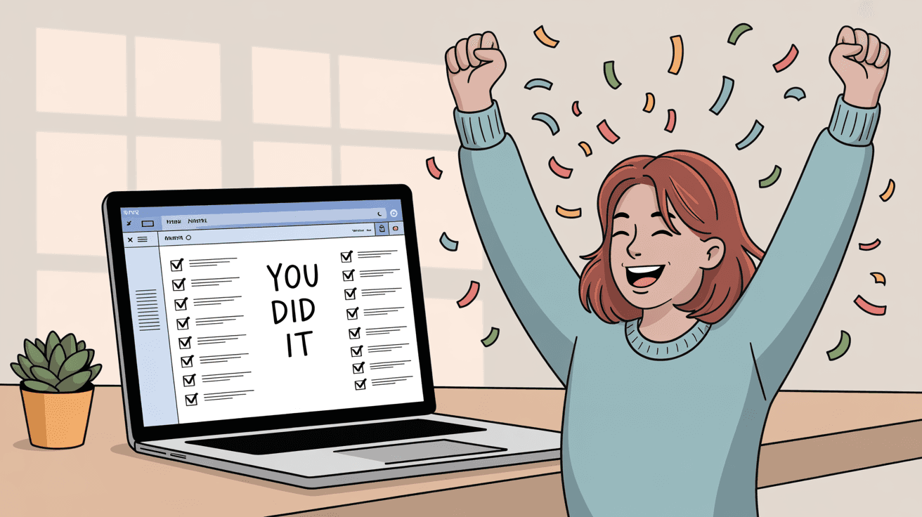 Person celebrating at clean organized inbox with checkmarks showing successful implementation