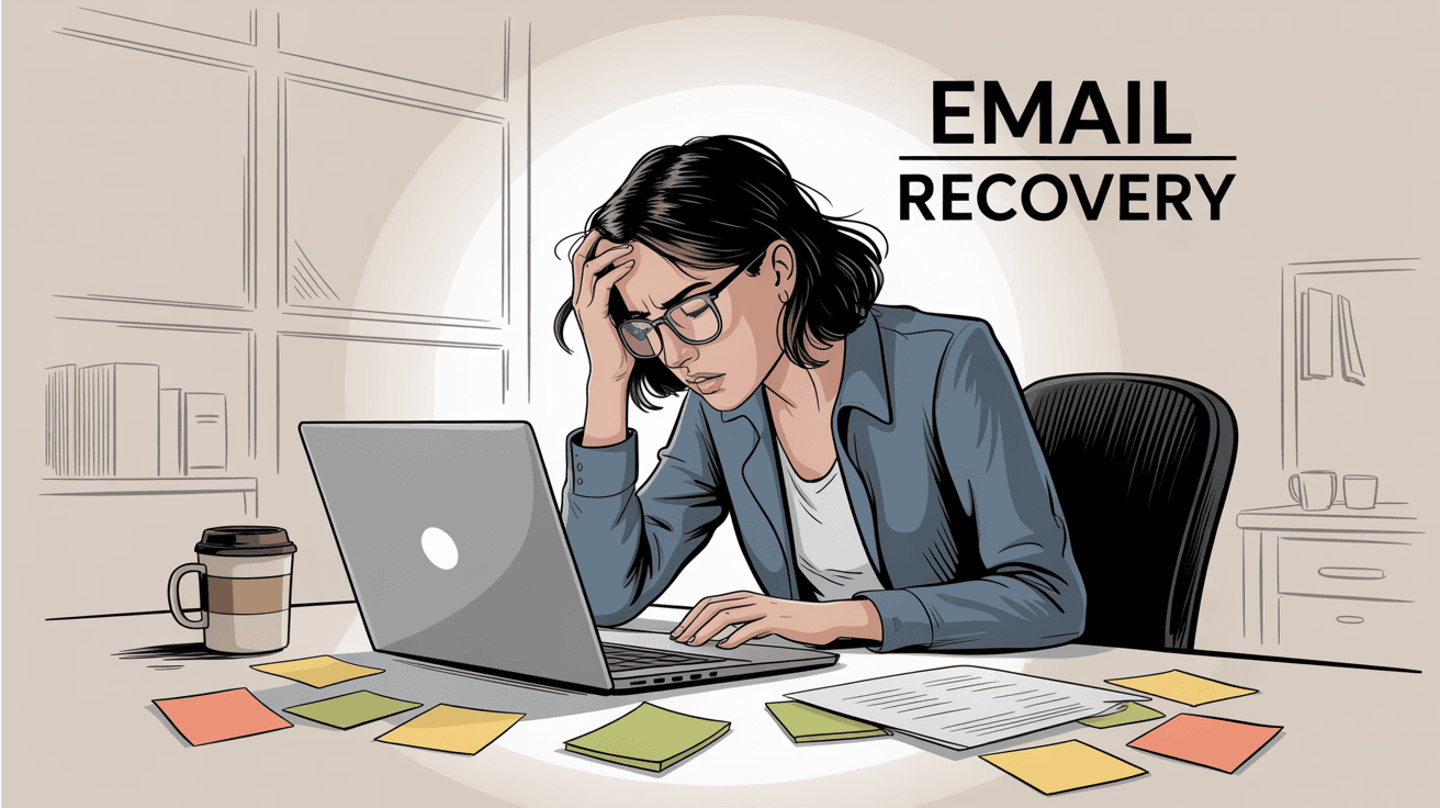 Professional woman experiencing email panic at her desk with laptop, representing the moment when Gmail undo send doesn't work